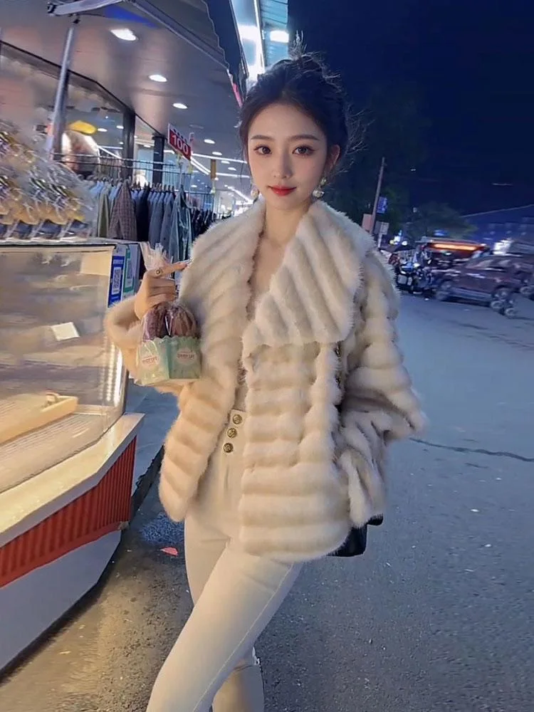 Umweltfreundlicher Plu-Pelzmantel für Damen, Faion, luxuriös, großer Kragen, Kaninchenfell-Oberbekleidung, Jugend-Winter, Thiened Long Sve-Mantel