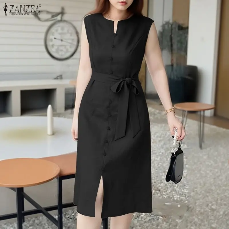 Robe d'été élégante pour femme avec ceinture, col en V, coutures princesse, couleur unie, sans manches, longueur midi, style débardeur, vêtements pour femme, tailles S-3XL