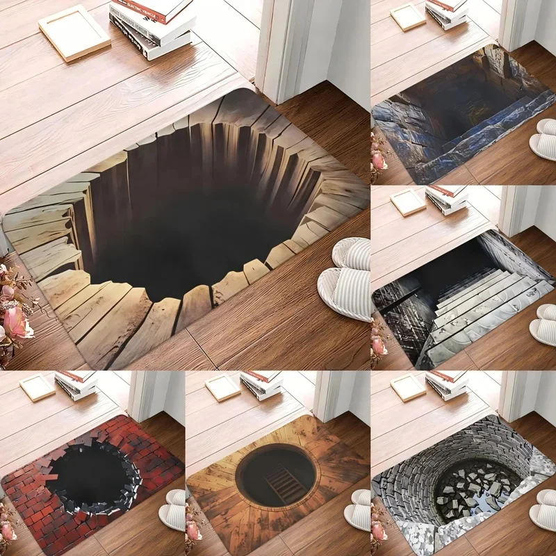 VIKAMA 3D Stone Cave Optical Illusion Doormat Deep Rock Hole Print Non Slip Washable Floor Mat for Home Entrance Hallway Decor