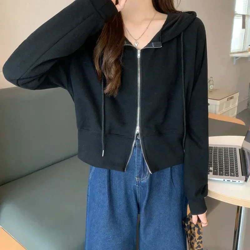 

New Autumn Winter Zipper Hooded Cardigan Jacket Women Korean Loose Casual Coat Female Short Tops Solid Color Preppy Street Wear