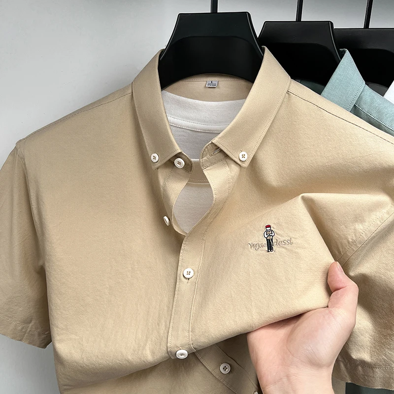 Luxury brand 100% cotton short sleeve shirt men's fashion exquisite cartoon embroidery business leisure comfort summer new top