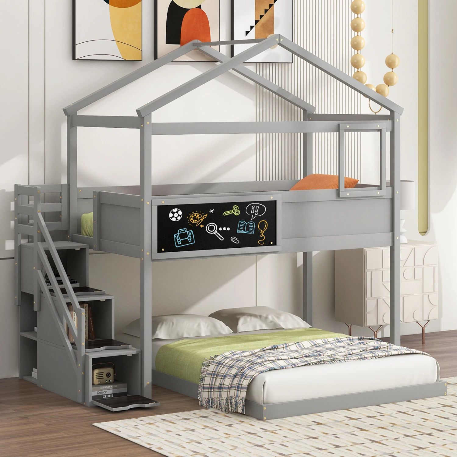 Twin over Full Bunk Bed with Storage Staircase and Blackboard, Gray