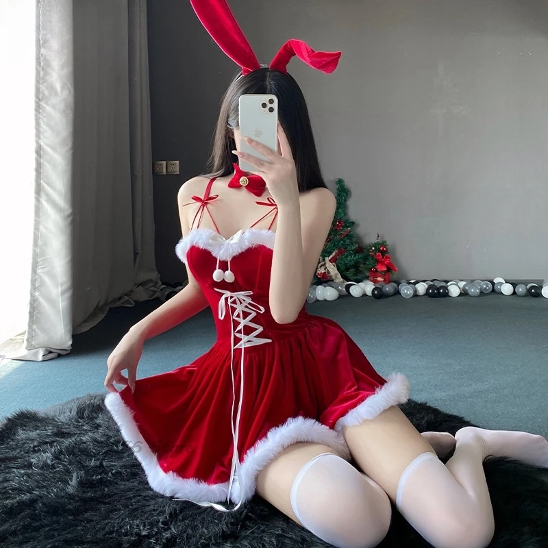 Sexy süße Weihnachtsstil Kostüme Anime Cosplay Kaninchen Mädchen Plüsch rotes Kleid Kawaii Hase Ohr Sling Rock Damen Paare Set