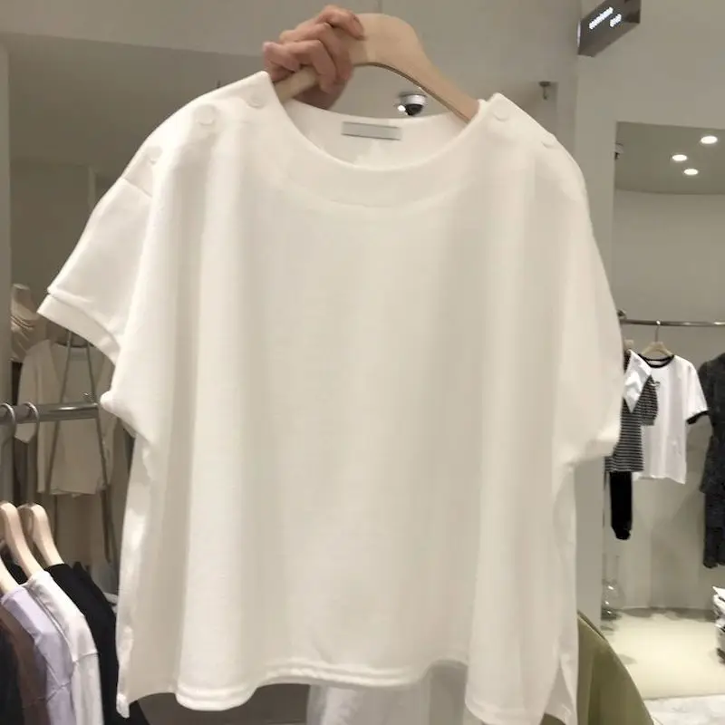 Oversized T-shirts Women Fashion Design Sense Short Sleeve T Shirt 2024 Summer Trend Casual Loose Top Button Shoulder Tshirt Y2k