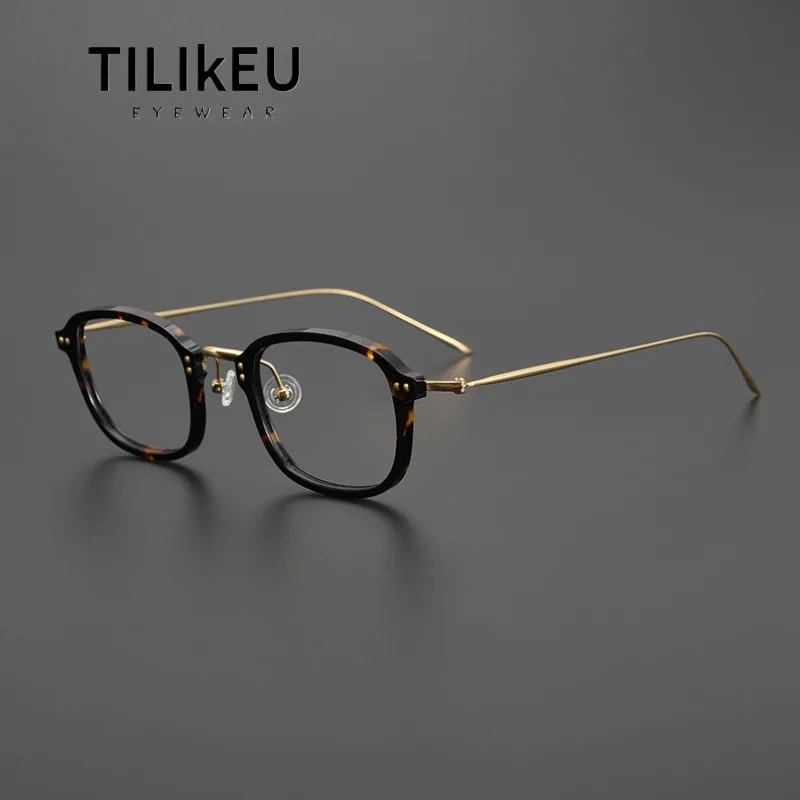 Japanese Designer Pure Titanium Small Square Glasses Frame 8g Acetate Ultra-Light Retro Tortoiseshell Women's Eyeglasses Frames