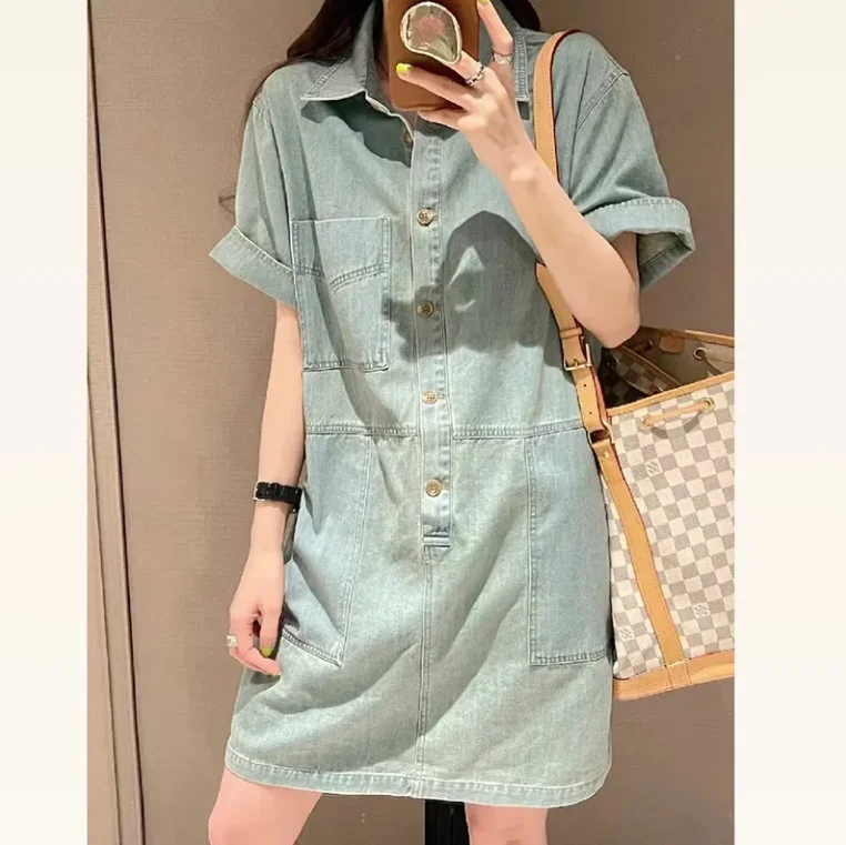 2024 Summer Loose and Slimming Dress Women\'s European Fashion A Line Vintage Casual Denim Short Sleeve Shirt Dress G167