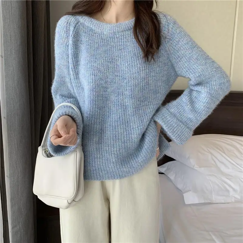 Spring Autumn New Solid Color Pullovers Crew Neck Jacquard Weave Casual Top Versatile Long Sleeve Fashion Loose Women\'s Sweaters