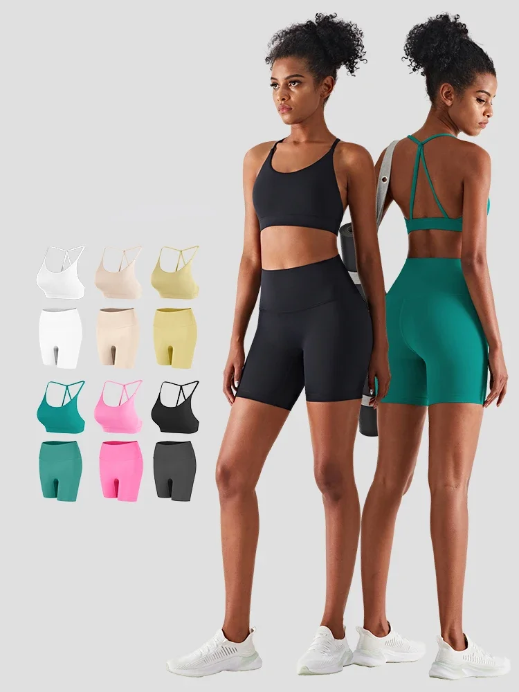 New Women's 2 Piece Sports Shorts Set Sexy Triangular Beautiful Back Yoga Bra High Waist Shorts Fitness Running Workout Suits