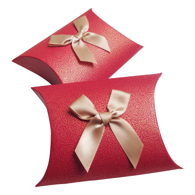 DIY Cardboard Favors Box Cardpaper Candy Box Pillow Box with a bow for baby shower wedding party - red 200pcs/lot free shipping