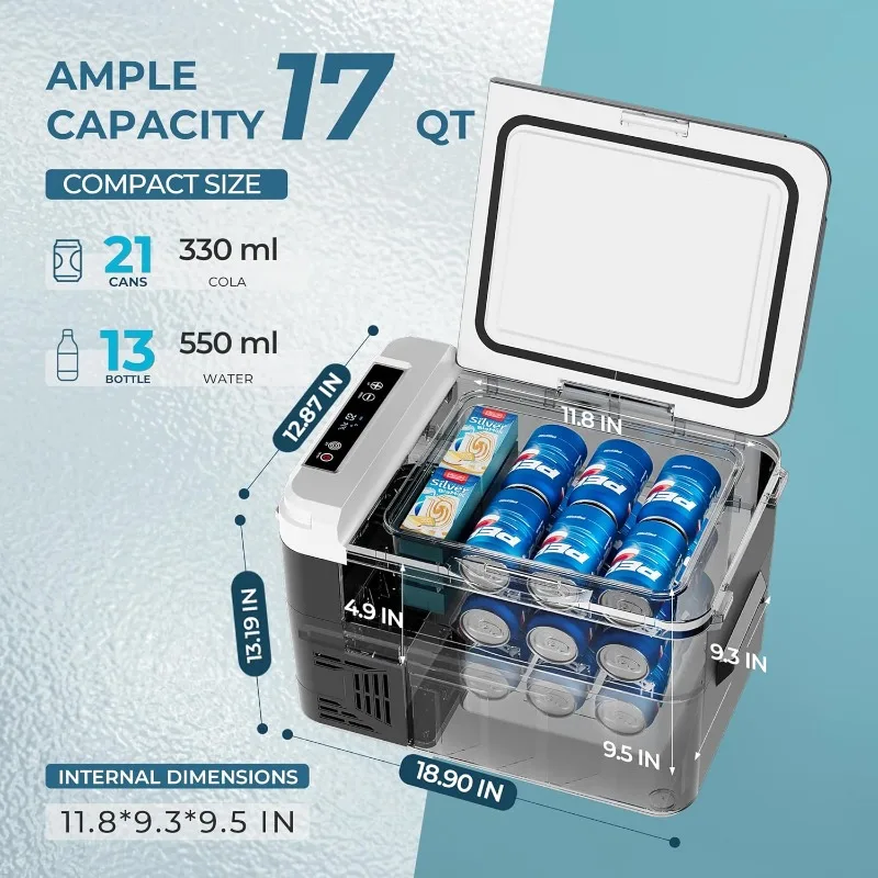 EUHOMY 12ボルト冷蔵庫、17クォート（15L）コンプレッサー式電動クーラー、アプリ制御、車載冷蔵庫12/24V DC & 120-240V AC