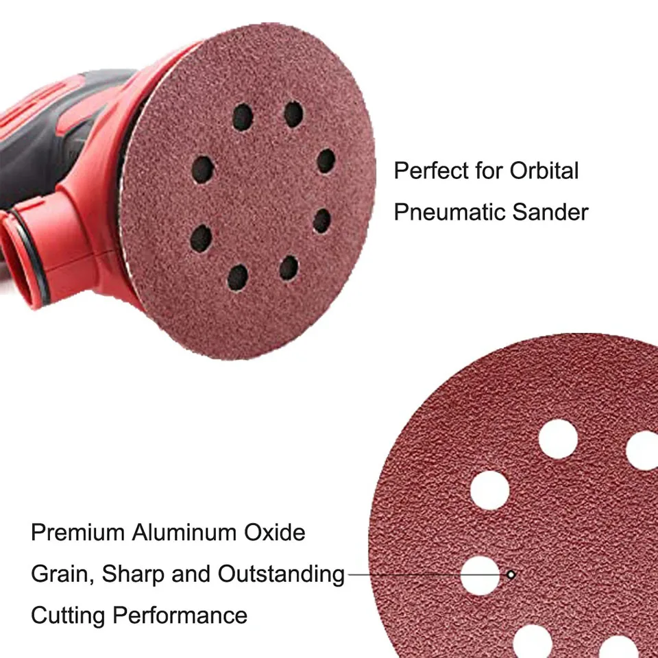 5 Inch 8 Holes Red Sanding Disc Sand Paper Discs Dry Wet Sandpaper For Automotive Sheet Metal Woodworking Metal Polishing