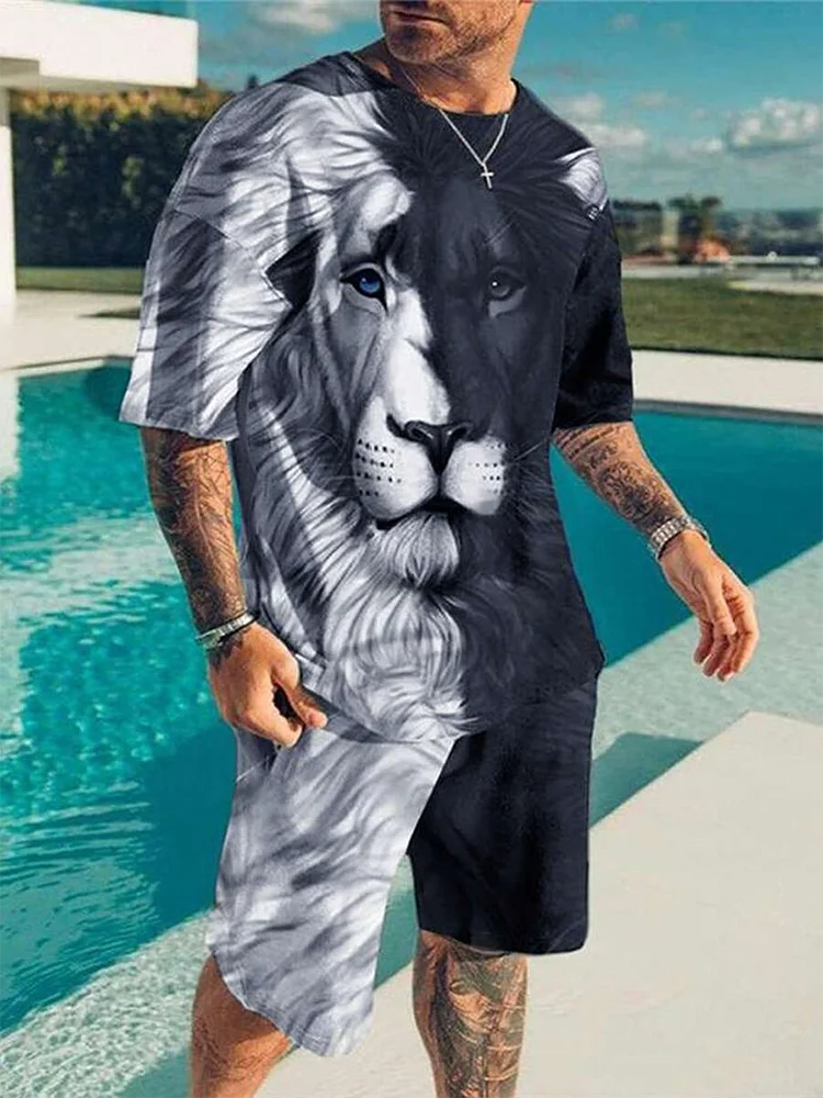 Summer Everyday Casual Men\'s Sports Shorts Street Fashion Men\'s Short-sleeved Tops Lion Print Men\'s T-shirts And Shorts Sets