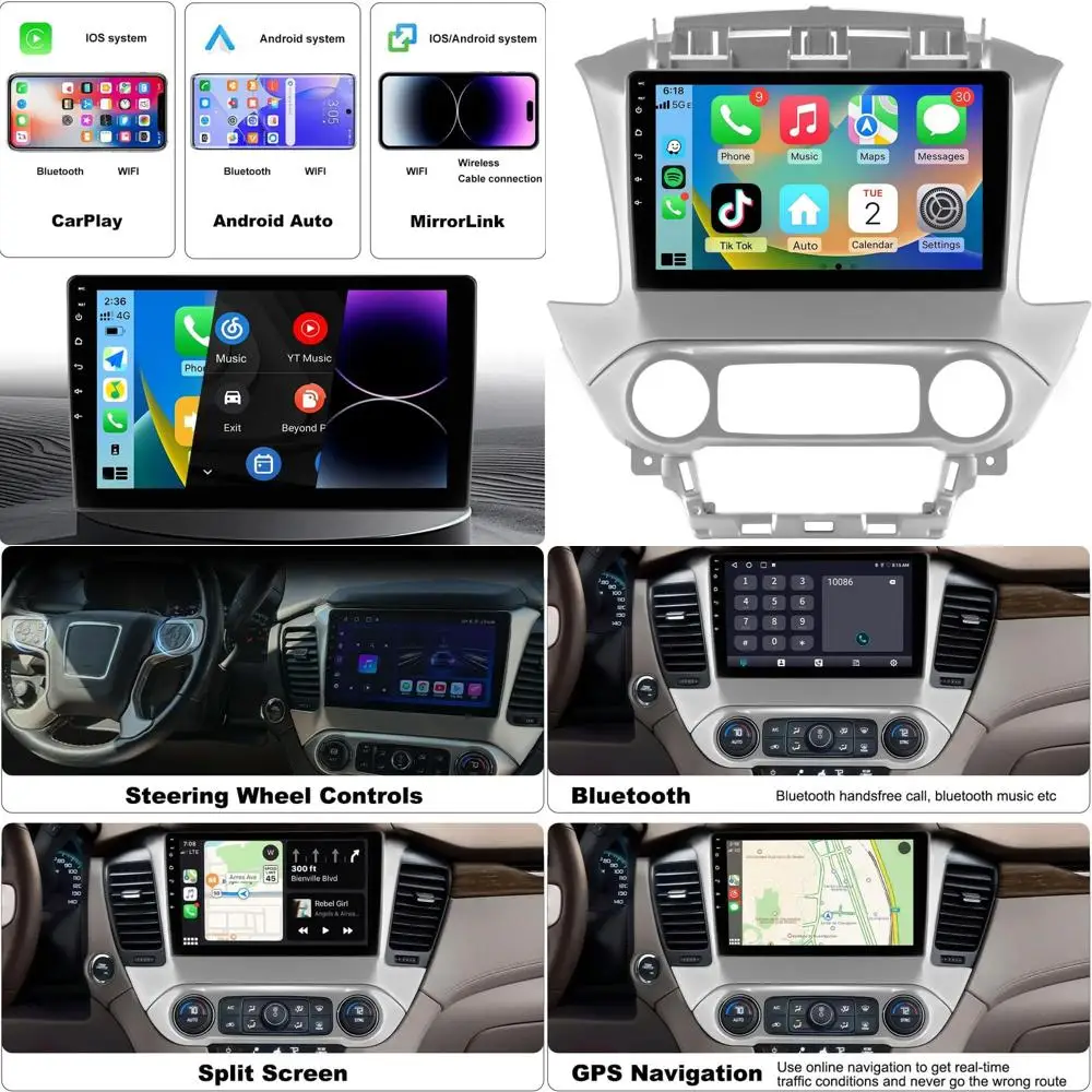 

10,1-дюймовый автомобильный радиоприемник для Chevrolet Suburban Tahoe Yukon 2015-2019, Android 13, стерео с беспроводным CarPlay Android Auto FM AM BT