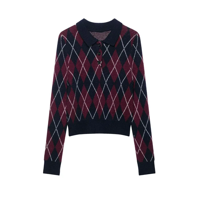 Guobioziy Women's Vintage Diamond Check Knit Sweater Polo Collar Half-Button Long Sleeve Cropped