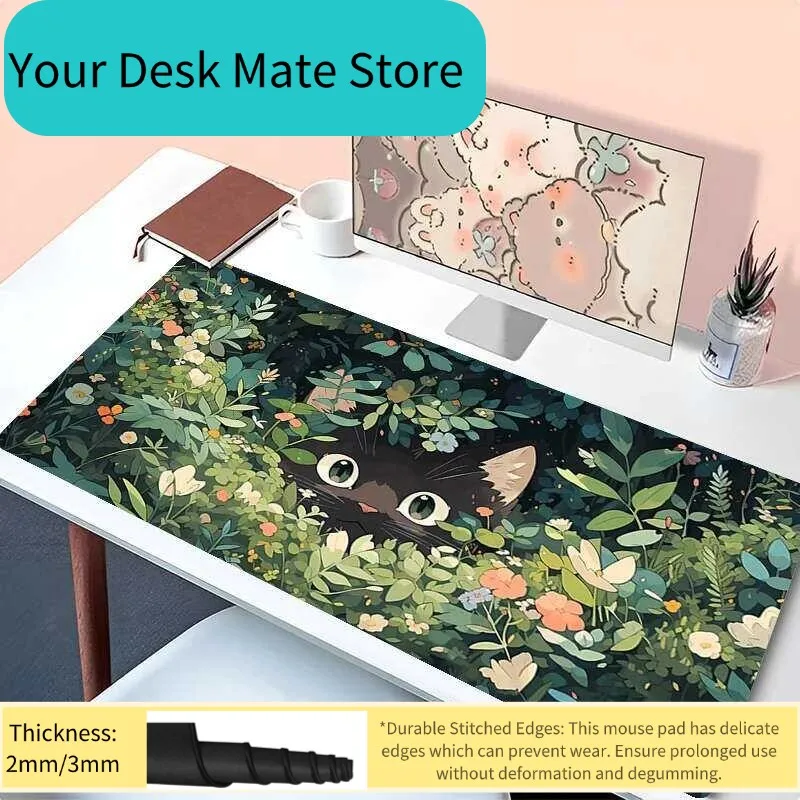 

Коврик для мыши с зелеными растениями, компьютерный коврик с цветами, кошка, игровой настольный коврик, большой коврик для мыши в стиле аниме, геймерский шкаф, коврик для ноутбука Kawaii, удлиненный настольный коврик