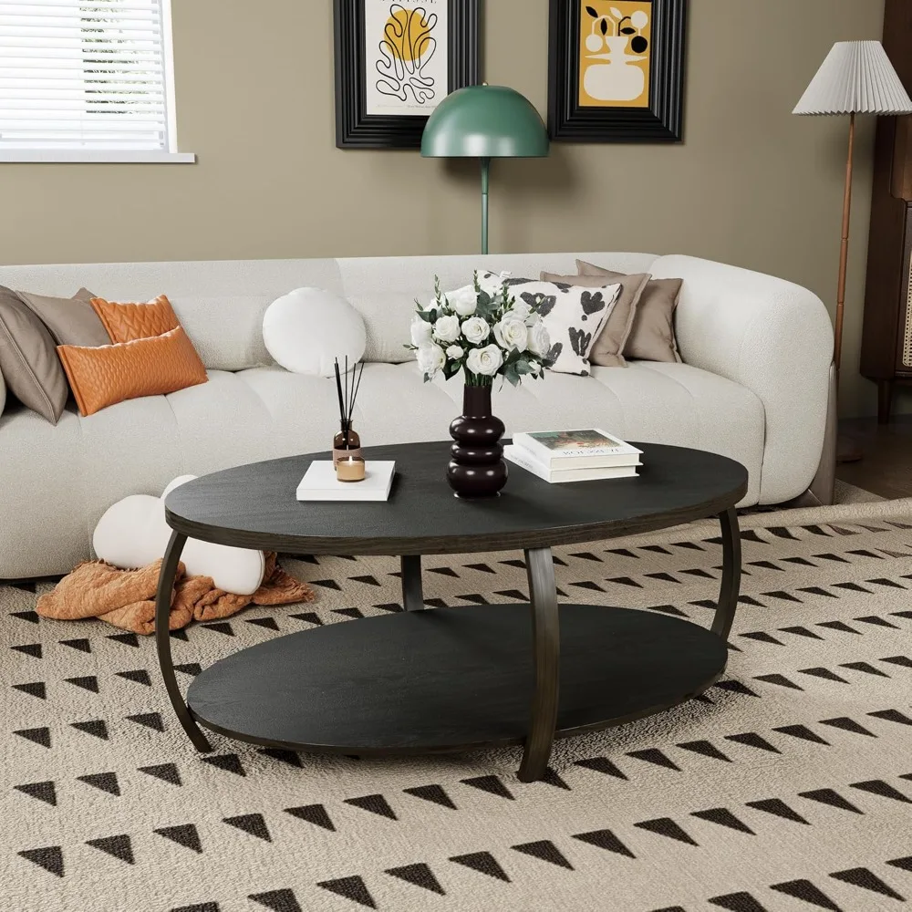 

2 Tier Wood Oval Coffee Table, Solid Wood Cocktail Table with Storage Shelf Rustic Accent Center Table with Black Textured Oak T