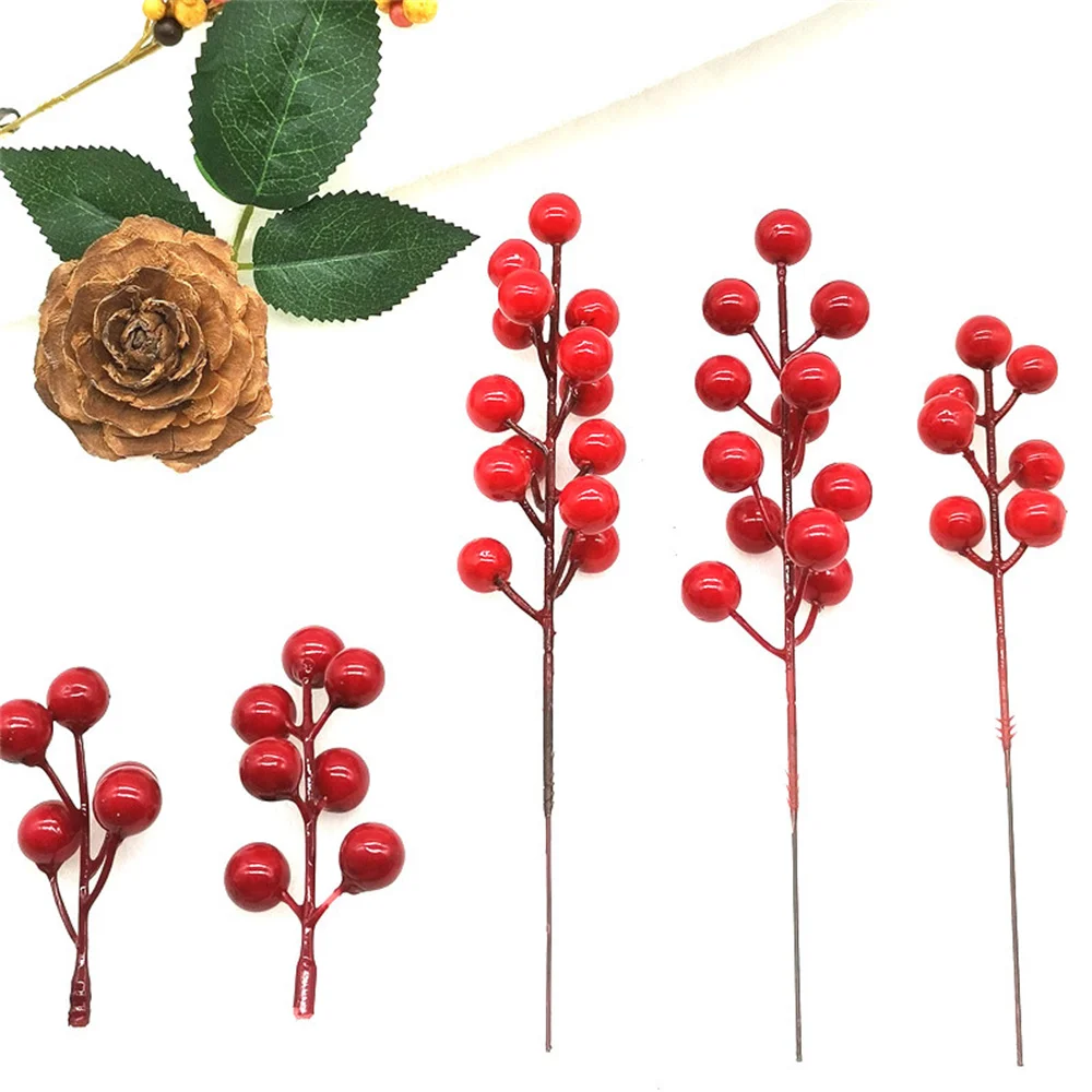 5pcs Christmas Red Berries Artificial Flowers Stamen Holly Berry for Christmas DIY Wreath Decoration Xmas Tree New Year Decor