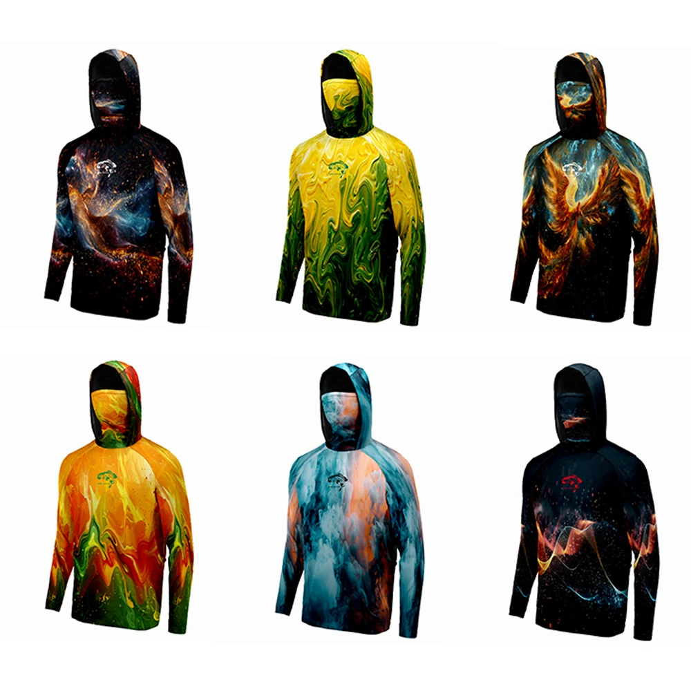 Men UV Protection Fishing Hoodies Long Sleeve Hooded Fishing Shirts Breathable Sun Shirt with Face Mask for Outdoor Sea Fishing