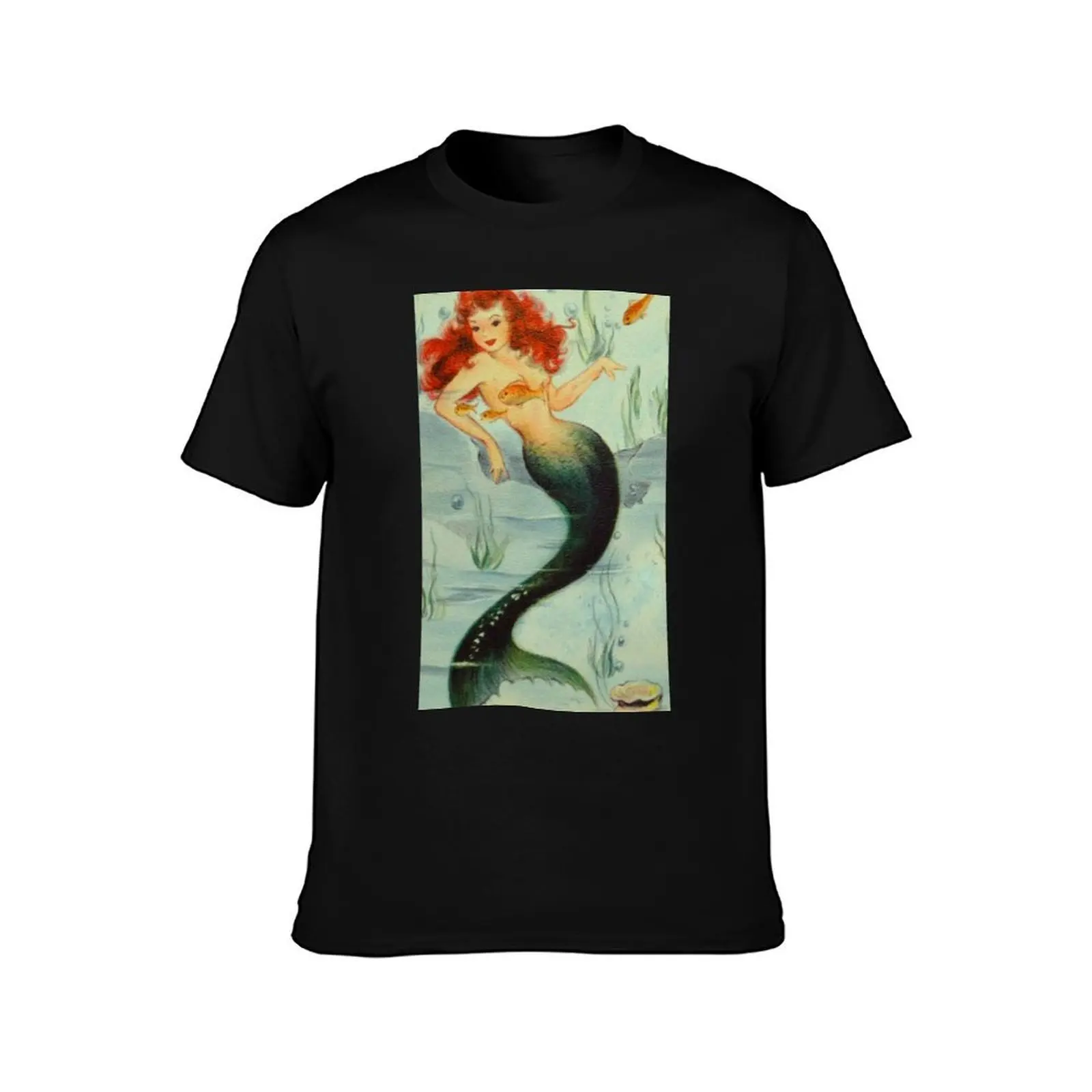 Red Head Mermaid Vintage Painting ReMastered American Artist Beach lover T-Shirt Plus Size Basic Cotton T-Shirt