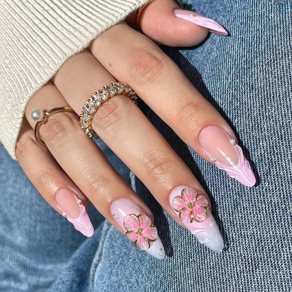 10Pcs Handmade Manicure Medium Almond Fake Nails 2024 New Cute Flower Limited Press On Nails Design with Adhesive Nail File Set