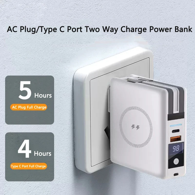 15W Magnetic Wireless Charger Power Bank with AC plug Mini Powerbank USB C for iPhone 15 14 Xiaomi Samsung Huawei Spare Battery