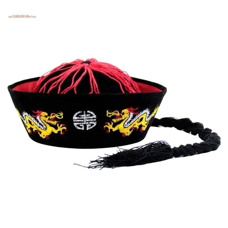 

Halloween Hat Ancient Chinese Eunuch Hat with Pigtail for Men Women Halloween