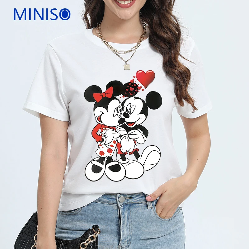 

Clothes Trends 2025 Disney Mickey Minnie Printed Cotton T-shirt For Couples Round Neck Loose Top Plus Size Top Woman Clothing
