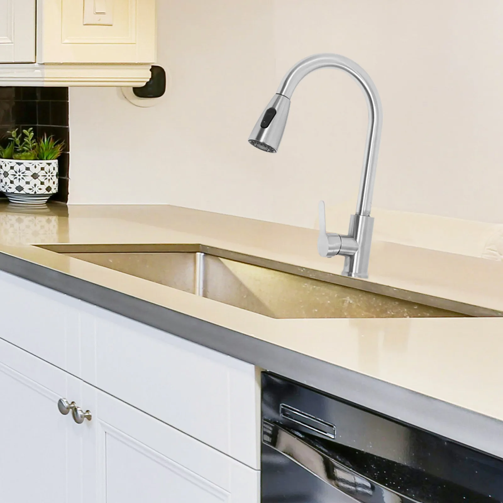 High Faucet Mixer Swivel Spout Pull Out Hose Single Hole Stopcock Sprigot Nozzle Stream Spray Mode