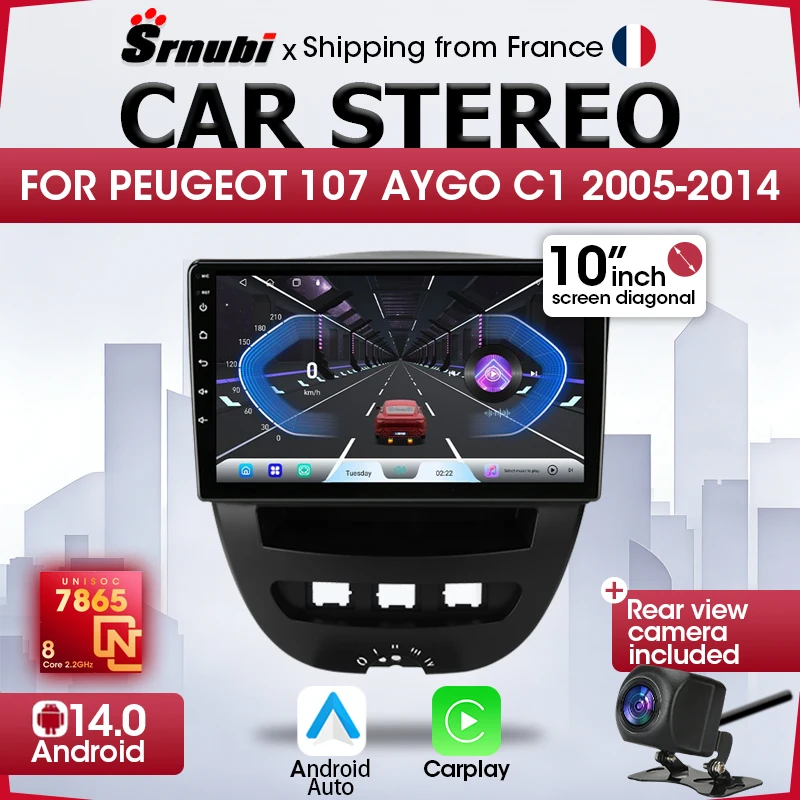 Autoradio 9 pouces Carplay Android Auto GPS Navigation Lecteur multimédia pour Peugeot 107 Citroen C1 Toyota Aygo 2005-2014 DSP 4G avec framework Systèmes intelligents automobiles
