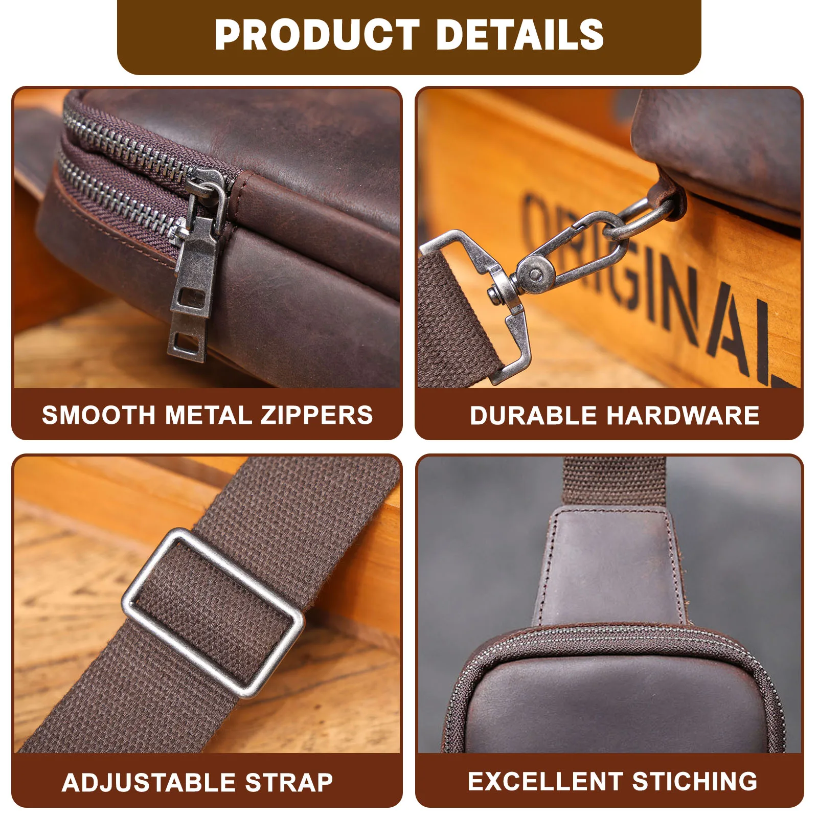 Premium-Brusttasche aus echtem Leder für Herren, Vintage-Umhängetasche aus Vollnarbenleder, Umhängetasche, Sling Bag, Tagesrucksack mit großem Fassungsvermögen – Detail 13