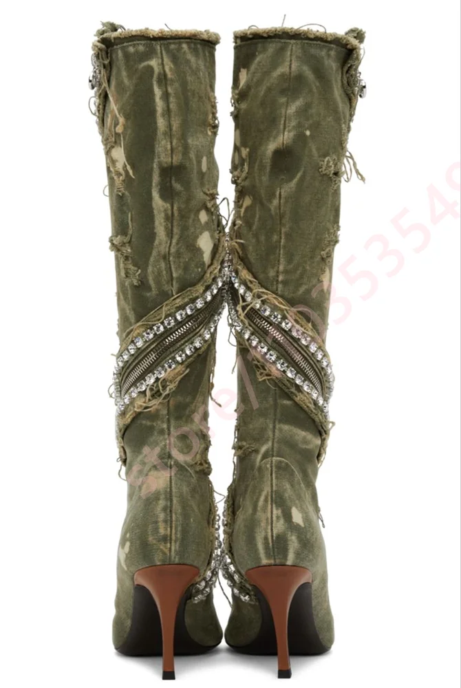 خمر الأخضر حجر الراين الأحذية الغربية 2025 الخريف أشار تو الشارع نمط العجل الأحذية مثير السيدات خنجر أحذية كاجوال #4