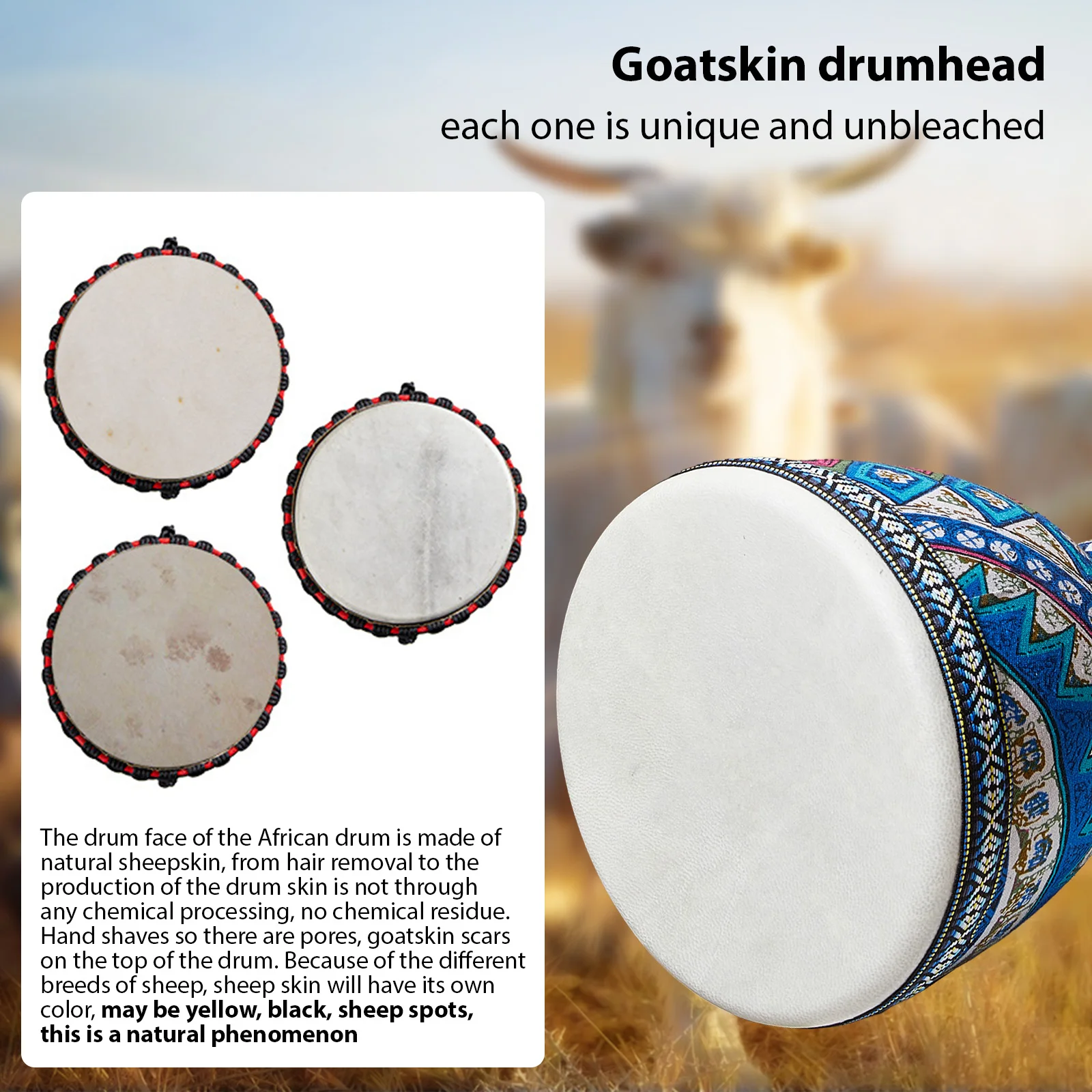 8-inch African Drum PVC Drum Body Goatskin Drum Surface Lightweight Hand Clapping Drum Percussion Instrument Colorful Pattern