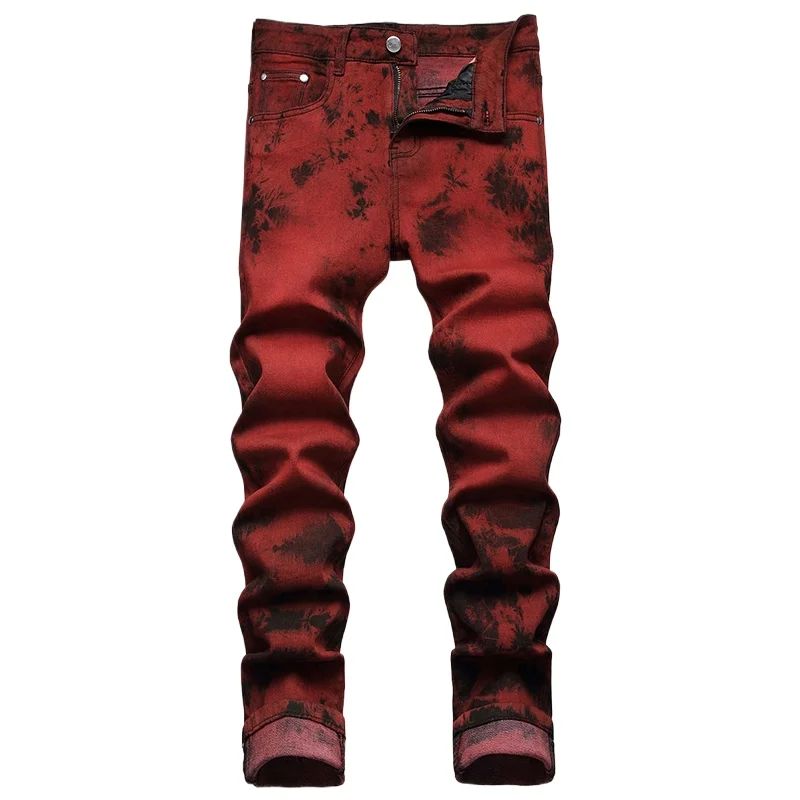 

Brand Mens High Quality Jeans Slim Tie dye Snow Wash Brick Red Denim Straight Pants Vintage Streetwear Fashion Casual Trousers