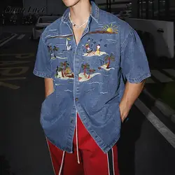 Casual Short Sleeve Denim Shirts For Mens Spring Summer Stylish Embroidery Denim Tops Men Vintage Button Turn-down Collar Shirt