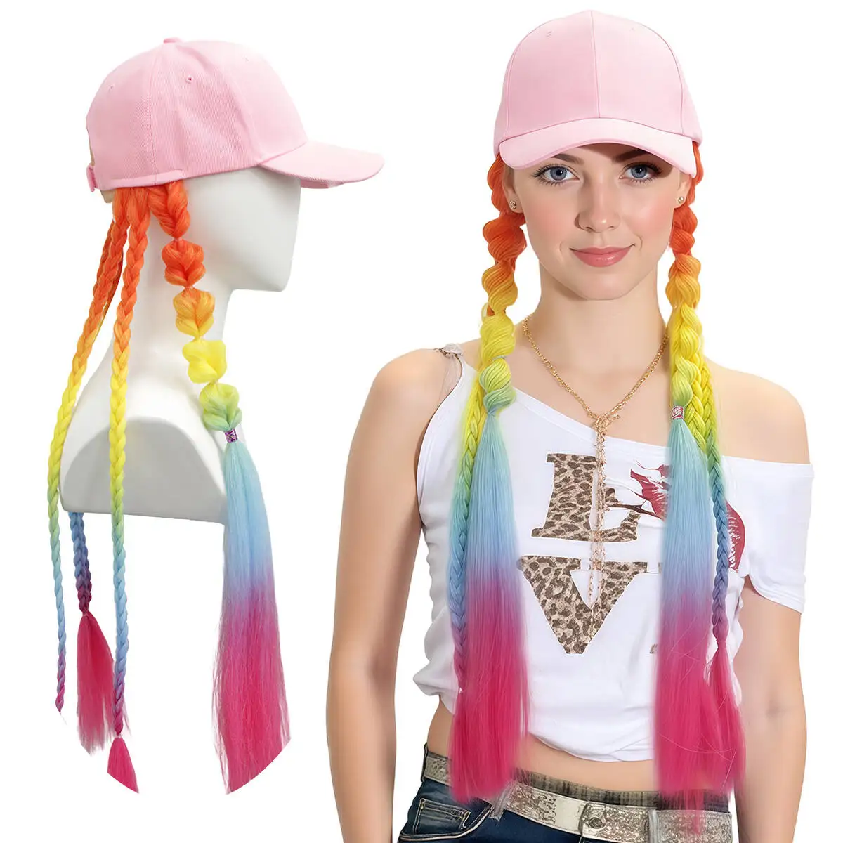 

Peaked cap synthetic hair extensions, colorful cap lantern braid wigs, detachable integrated cap-wigs, suitable for daily use