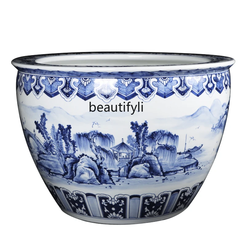 Jingdezhen Ceramic Large Aquarium Hand Painted Blue and White 1 M Living Room Office Decorations Courtyard