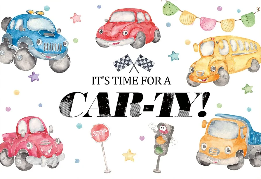 Cars Backdrop for Children Boys Birthday Party Checkered Flag Racing Car Story Photo Background It's Time for Car-ty Banner