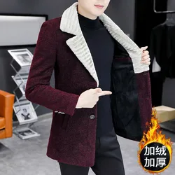 Korean Winter Woolen Jackets Men Lapel Plush Thicken Wool Blends Jacket Long Casual Business Trench Coat Streetwear Overcoat