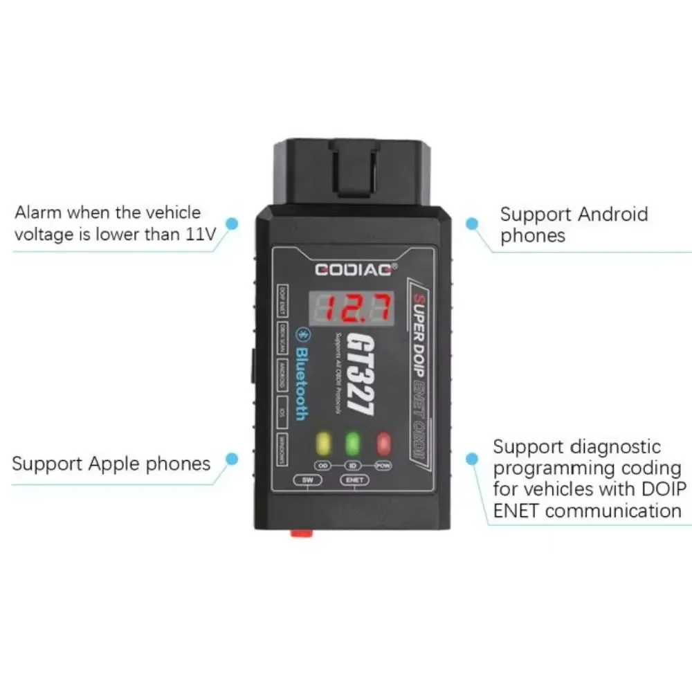 GODIAG GT327 SUPER DOIP ENET OBD2 ELM327v1.5 Bluetooth 4.0 OBD II Scanner for iOS/Android/Windows Support Voltage Display