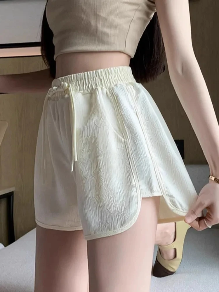 Minimalist Chinese Style Summer Women's Clothing in Solid Colors Elastic Waist Embroidery Loose Wide Leg Casual Shorts