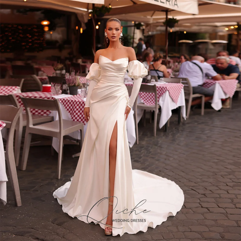 

QICHE Elegant Long Sleeve Mermaid Wedding Dresses Women V-Neck Pleat Satin Open Back High Side Split Robe De Mariée Customized