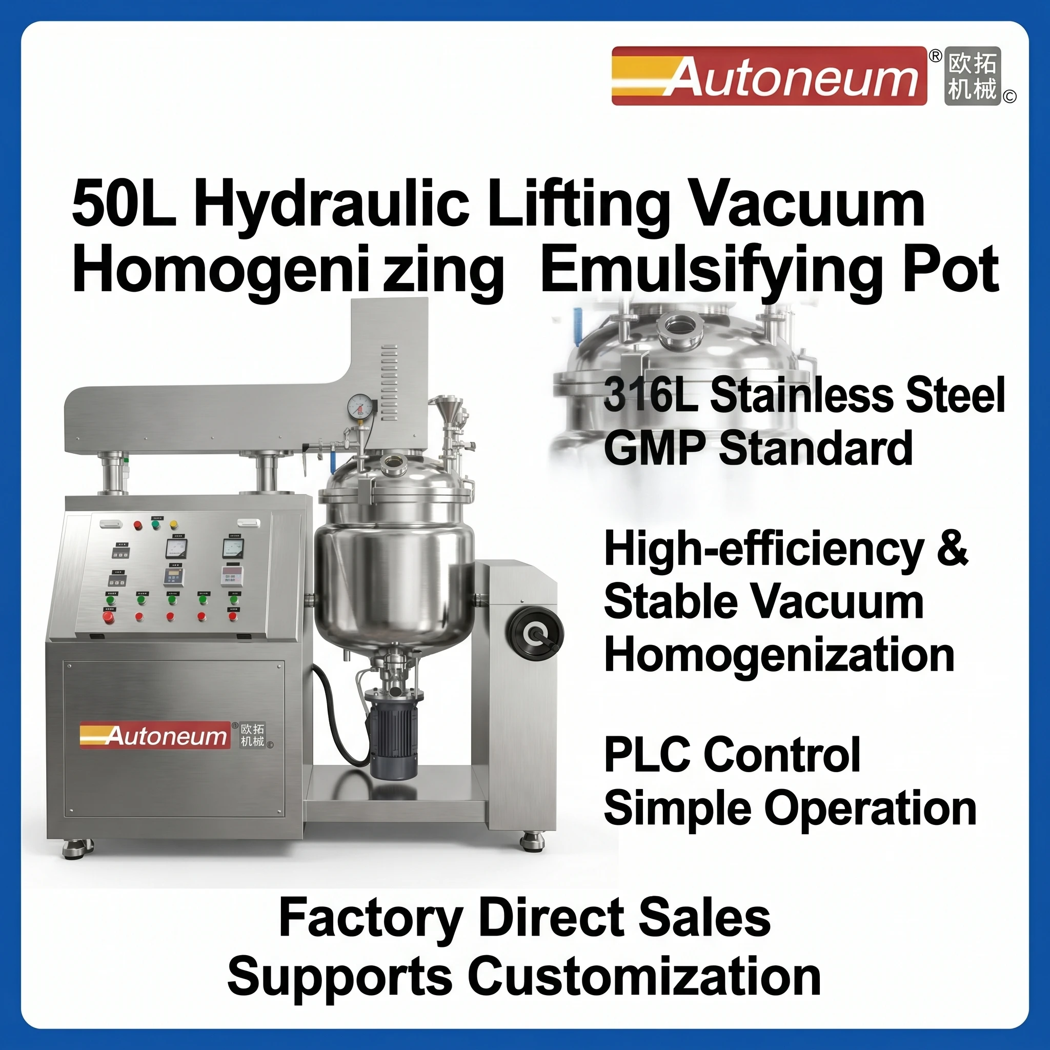 #50L Fully-Automatic Hydraulic Lift Vacuum Homogenizing Emulsifying Pot for Cosmetic & Chemical Manufacturing High Productivity