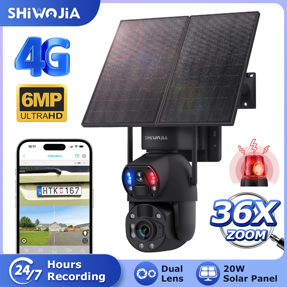SHIWOJIA 6MP Dual Lens 36X Zoom Solar PTZ Camera 20W Solar 20000mAh Battery 7‑Day 24/7 Recording Outdoor WiFi Security Camera