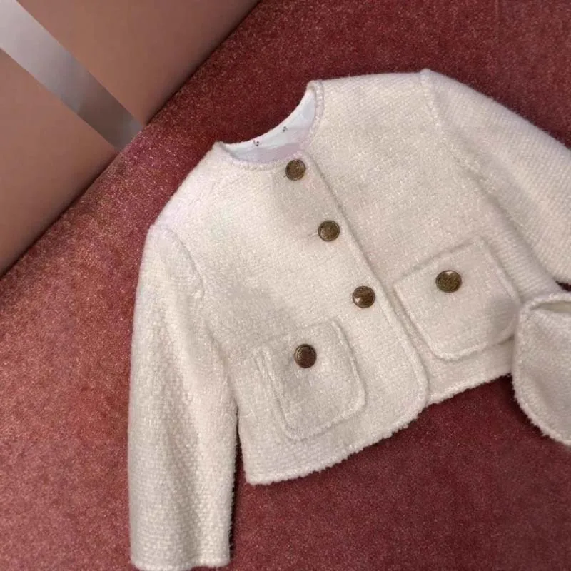 

In Stock 2025 Autumn Winter BP Baby Girls Padded Off White Coat Round-neck Single-breasted Jacket Wool Coat Girl Winter Jacket