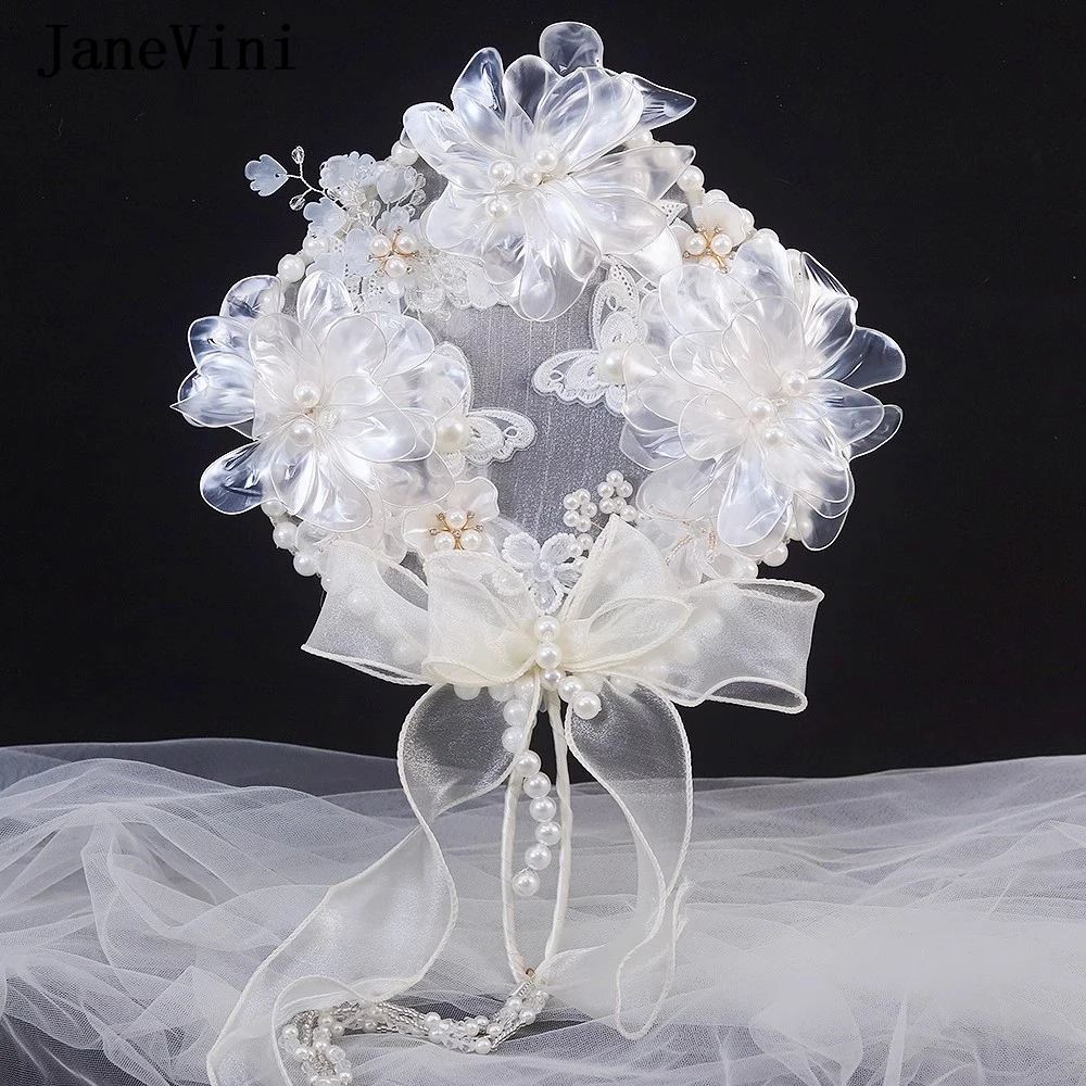 

JaneVini White Flowers Pearl Wedding Bridal Fan Bouquet Chinese Style Handmade Beaded Bride Fan Type Bouquets Lace Accessories