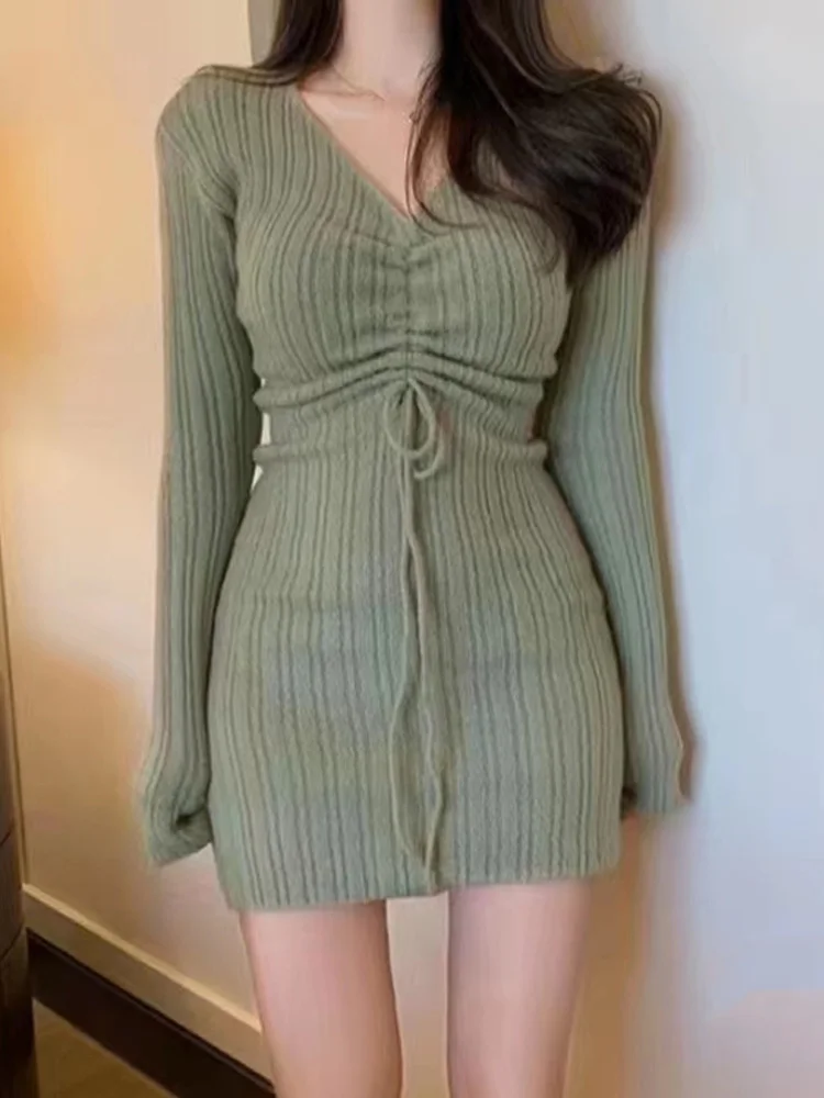 Nieuwe Mode V-hals Gebreide Lange Mouw Corset Jurk voor Vrouwen Herfst Winter Avond Mini Feestjurken Elegante Corset Jurk