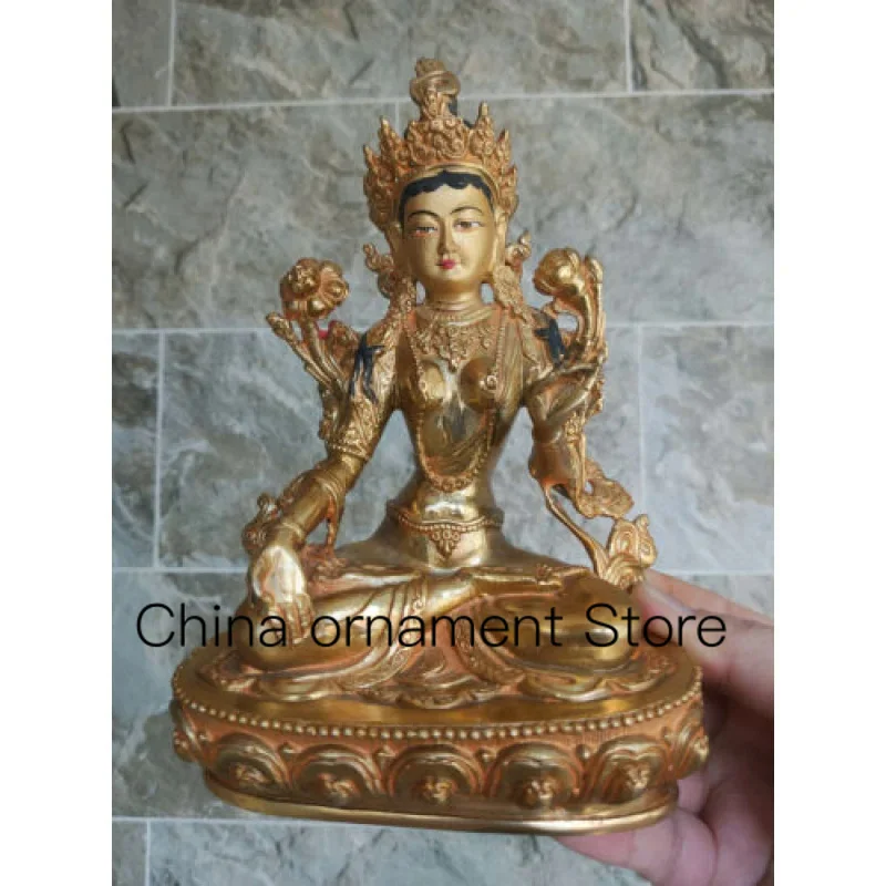 

Handmade Tibetan 8 Inch Green Tara Buddha Statue Buddhist Meditation Gilded Bronze