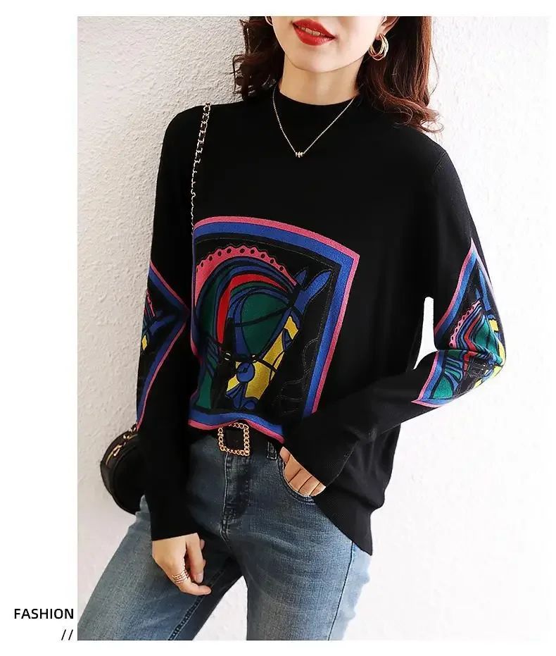 New Women 's Half Turtleneck Printed Loose Long Sleeves Pullover Sweater