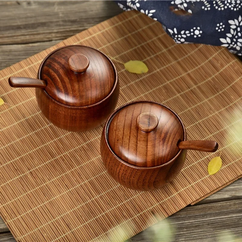 2 Pcs Wood Spice Jar Salt Container Salt Bowl Seasoning Box Kitchen Tool With Wooden Lid And Spoon Nordic Concise Style