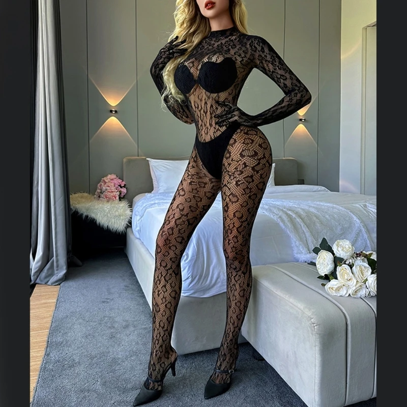 Women Sexy Hollow Out Mesh Bodystocking Leopard Fishnet Lingerie Long Sleeve See Through Bodysuit Jumpsuit Nightwear